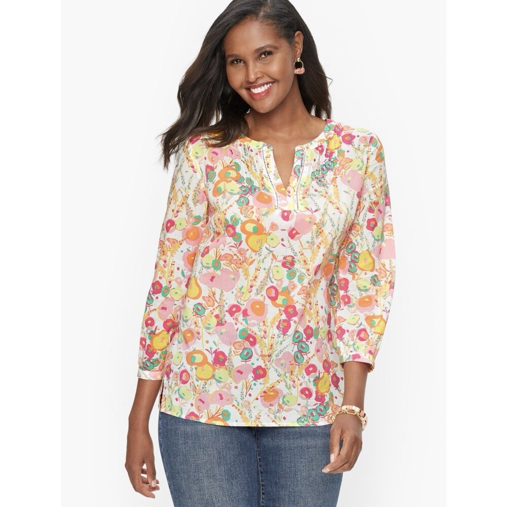Talbots Cotton Pintuck Popover Abstract Floral Size L Colorful Spring Beachy